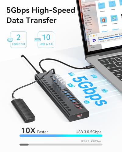 Image of Powered USB Hub, AGEEN 16-Port USB 3.0 Hub (10 USB-A 3.0+2 QC 24W Fast Charging+2 Smart Charging+2 USB-C 3.0 Ports), 12V /8A 96W UL Certified Power Adapter for PC, Laptop, HDD, Flash Drive