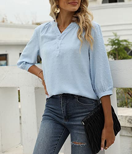 Hathne Women's V Neck Swiss Dot Tops Short Sleeve Chiffon Casual Shirts Blouses (B#Light Blue(3/4 Sleeve), Medium) #TOP4