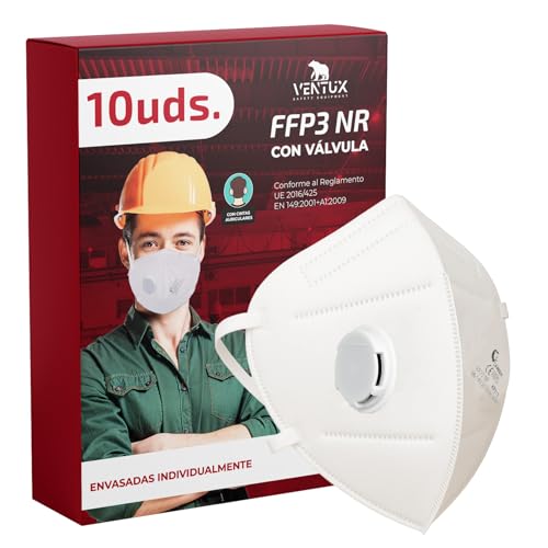 VENTUX SAFETY EQUIPMENT Pack de 10 Unidades - Mascarilla FFP3 con Válvula de Exhalación – Certificación CE – Filtración ≥99% – Desechable – Protección Respiratoria Profesional – Color Blanco
