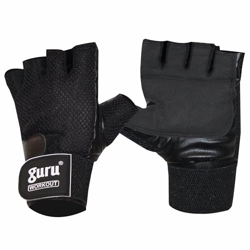 Image of GURU Leather Gym Gloves for Men & Women with Wrist Support Accessories for Weightlifting, Hand Exercise Gloves with Half-Finger Length for Gym Workout