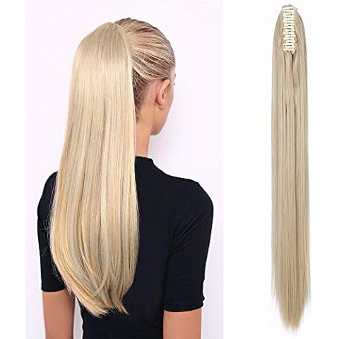 26" Claw On Ponytail Hair Extensions Long Straight Clip In On Ponytail Hairpieces Silky - Ash Blonde Mix Bleach Blonde(Weight:150g) Cover