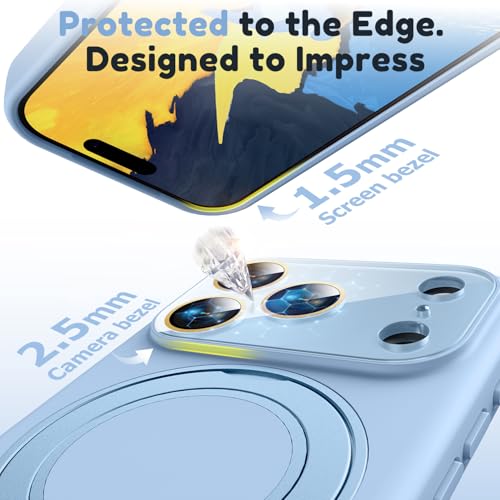 Image of Silicone 360 Spin Magnetic Stand Case for iPhone 17 Pro, [Compatible with Mag-Safe][Reinforced Hard Camera Protection] Liquid Silicone Rubber Phone Case Cover with Ring, Camera Button, Sky Blue