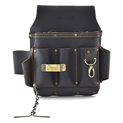 Style n Craft - 10 Pocket Electrician's Tool Pouch, Heavy-Duty Leather Tool Pouch, Perfect and Durable Full-Grain Oiled Leather Pouch, Dark Brown (#70603)