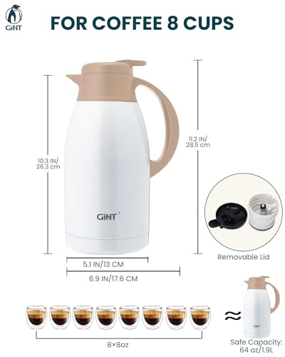 Image of GiNT Stainless Steel Thermal Coffee Carafe, Double Walled Vacuum Thermal Carafe, Water and Beverage Dispenser,12 Hour Heat Retention,65 OZ /1.9 Liter White