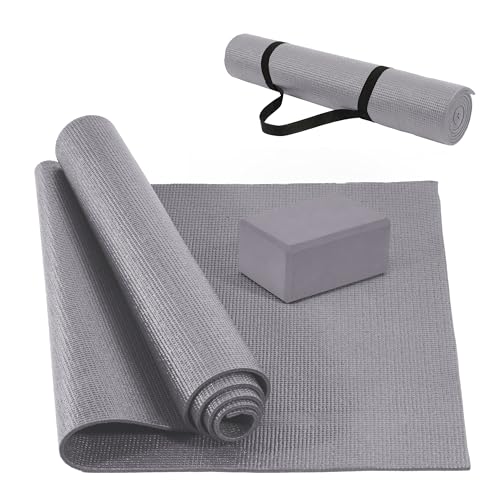 Signature Fitness All Purpose 0.25 Inch Thick High Density No Tear Exercise Yoga Mat with Strap & Lightweight Features for Indoor & Outdoor Use, Gray