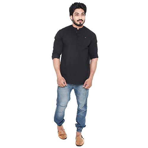 Image of Men's Linen Chinese Collar Full Sleeve Plus Size Short Kurta