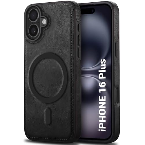 Image of TheGiftKart Genuine Leather Finish Back Cover Case for iPhone 16 Plus | Shockproof Design | Raised Edges for Camera & Screen Protection | Stunning Minimalist Design Case (MagSafe Compatible, Black)