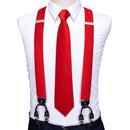 Image of Barry.Wang Men Suspender Set with Necktie Elastic Y Type Heavy Duty 6 Clips Braces Tie Handkerchief Cufflink Pin 6PCS
