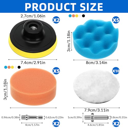 Zikenis 26 Piezas Esponja Pulir para Coche,80mm Kit de Esponja de Pulido,con Dos Tamaños de Adaptadores de Broca M10 y Pulido de Lana,para la Belleza del Automóvil, Encerado y Lijado - imagen 2