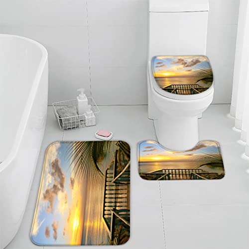 Badematten Set 3D 40x60 Strand Ozean absorbierend 3-teiliges Flanell-Badezimmerteppich-Set maschinenwaschbare weich…
