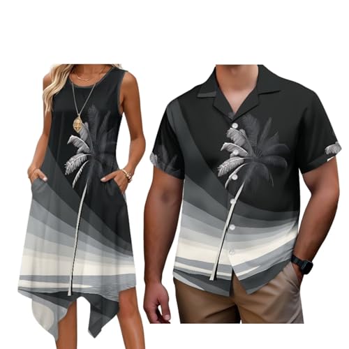 Boatee Tropical Palm Tree Couple Matching Outfits Women's Casual Dresses & Men's Hawaiian Shirt Women's Clothing with Pockets Quick-Dry 4-Way Stretch for Romantic Date