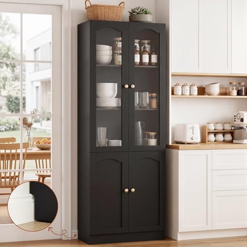 Image of Cyclysio 80 inch Tall Pantry Cabinet with 4 Doors, Black Kitchen Pantry Storage Cabinet with Built-in Baseboard Notch & Adjustable Shelves - Kitchen Storage Cabinet for Dining, Living Room, Office