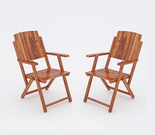 Image of Wooden Patio Folding Dining Chairs for Living Room | Foldable 2 Chairs for Outdoor, Garden & Balcony | Sheesham Wood, Honey Finish