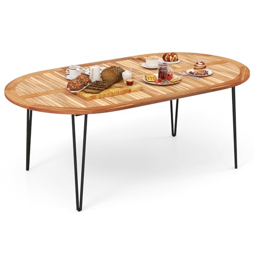 Tangkula 79-Inch Patio Dining Table, Indoor & Outdoor Dining Table w/Umbrella Hole, Acacia Wood Tabletop & Sturdy Metal Legs, Wood Oval Table for 8 People for Patio Yard Garden Deck