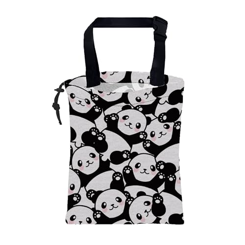 Image of Car Garbage Bag Cute Black Panda Drawstring Car Trash Bag Hanging for Back Seat with Adjustable Buckle Canvas Vehicle Trash Can Easy-to-Install