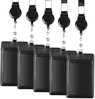 Badge Card Holder with Lanyard 5 Pack Leather ID Card Holder with Retractable Lanyard Neck Strap Double Sided Vertical Badge Holder for Office Exhibition Employee School Student Identity Card(Black)