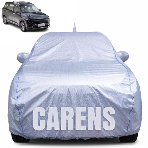 Image of 100% Waterproof Car Body Cover for Kia Carens (2022-2025) with Mirror Pocket, Heat & UV Resistant, Triple Stitched, Soft Lining, Bottom Elastic & Piping (Silver Reflective)