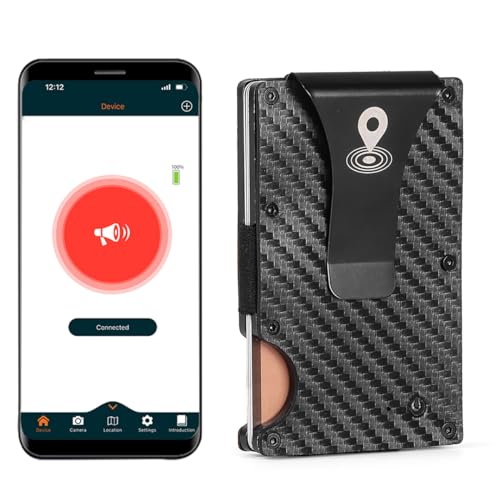Trackable Thin Card Wallet For Men - Leather Bluetooth Anti-Lost Credit Card Holder with Metal Money Clip Men's Card Holder Minimalist Smart Men's Wallet (Carbon Black)