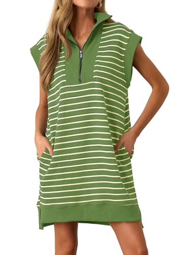 Image of Wenrine Womens Striped Mini Dress Casual Zipper Cap Sleeve Collared V Neck Loose Knit Summer Dresses