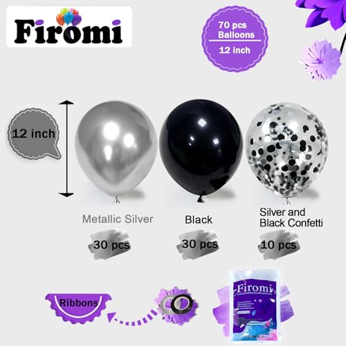 Image of Firomi Metallic Chrome Silver Black Balloons 12 inch 70 Pack (2 Ribbons) | Latex Black and Silver Confetti Balloons Set for Birthday Wedding Party New Year