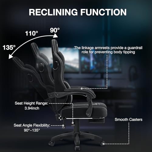 HOFFREE Gaming Chair Computer Chair Fabric with Bluetooth Speakers Massage Game Chair with Footrest Ergonomic High Back Gamer Chair with Lumbar Support Reclining Gaming Chairs for Adults Black Fabric HOGC-FAB502 の商品画像 7