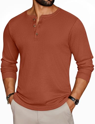Image of Ekouaer Mens Long Sleeve Shirt Waffle Knit Henley Tops Caramel M