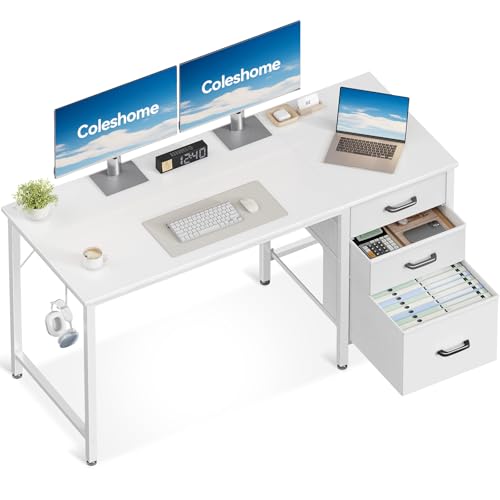 Coleshome Schreibtisch mit 3 Stoff Schubladen, 120x48cm Computertisch mit Kopfhörer Halter, Reversibler PC Schreibtisch Bürotisch für kleines Heimbüro, Weiß
