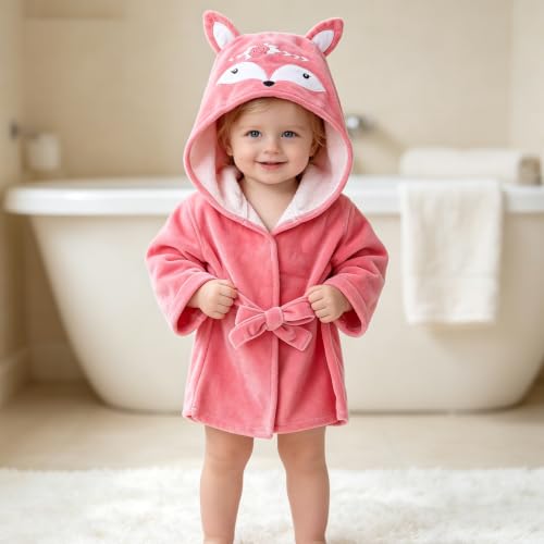 Image of Fox Baby Girl Bathrobes Cute Girl's Robe With Hood Pink Towel For Girls Soft Hooded Ultra Absorbent (Pink Fox)