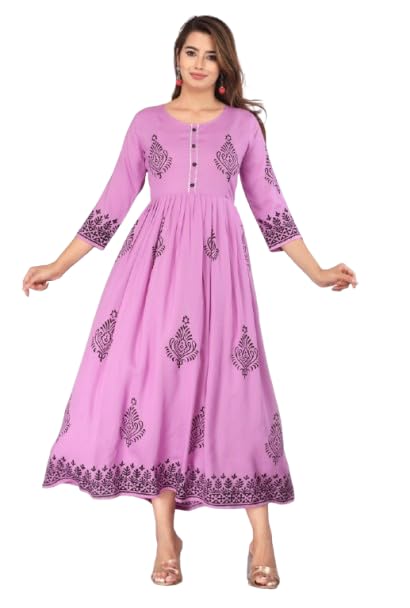 Image of Women's Rayon Anarkali Hand Block Printed Kurti (Large, Light Purple)