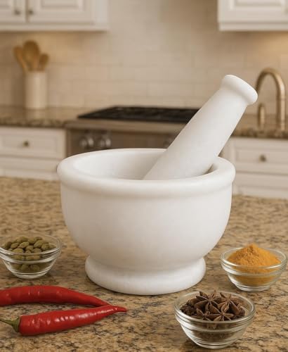 Image of B R & SONS Marble Mortar and Pestle Set 6 Inch White - Imam Dasta Khalbatta Okhli Kharal Kundi Natural Stone Spice Grinder for Kitchen Use