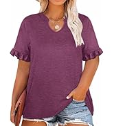 TAKEYAL Plus Size Tops for Women V Neck Ruffle Sleeve T Shirts Trendy Summer Casual Blouse Tees 2024