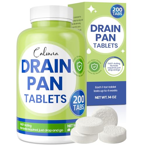 Calvana Drain Pan Tabs - 200 Tablets, AC Drain Line Cleaner, Fast-Acting Treatment for HVAC, Window Units, Mini-Splits, Dehumidifiers, Refrigerators - Lasts Up to 4 Weeks, No Residue, Water-Soluble