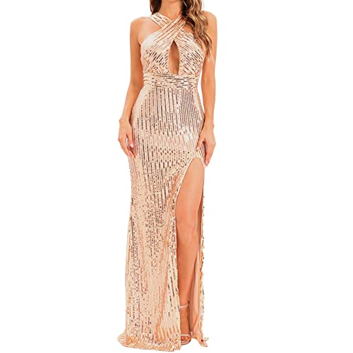 230 Robe Femme Sexy Club Libertin Robe Longue à Paillettes pour Femmes avec col drapé et Robe Dos Nu Sexy Fendue Petite Robe Rouge
