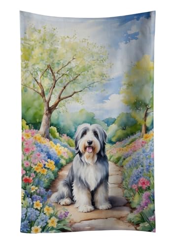 Caroline's Treasures Bearded Collie Spring Garden Kitchen Towel Dish Cloths Guest Hand Towel Decorative Bathroom Towel for Face,Tea, Dishcloth, Kitchen and Bath