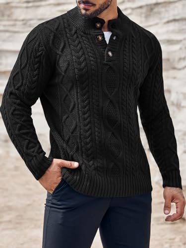 Gafeng Mens Mock Neck Pullover Sweater Casual Slim Fit Cable Knit Button Up Thermal Lightweight Winter Sweaters Knitwear2