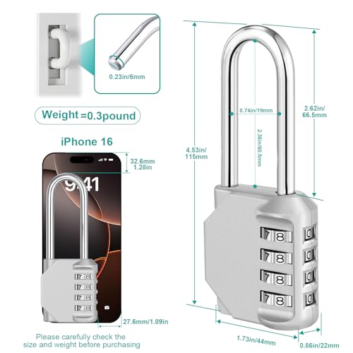 Image of Combination Padlock, 4 Digit Lock Set, Long Shackle Lock, Re-settable Combo Lock, School Locker, Employee Locker for Outdoor, Fence, Gate, Hasp and Storage | 2.62 inch Shackle Height, 4 Digit Resettable Combination Lock for Outdoor Shed, Fence Gate, Coded Padlock for Locker