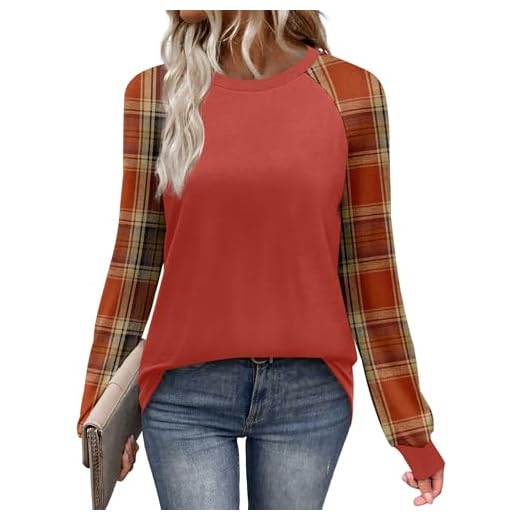 WIHOLL Long Sleeve Shirts for Women Boho Womens Tops Fall Outfits for Women 2025 Clothing Cute Early Fall Fashion Clothes Trendy Thanksgiving Cozy Winter Clothing Rust Orange Plaid M