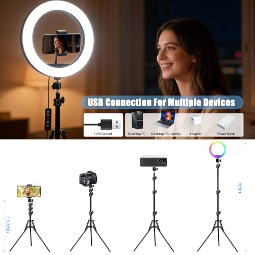 Image of 12'' Selfie Ring Light with Stand and Phone Holder, 75 inch Tripod 96 RGB Mode