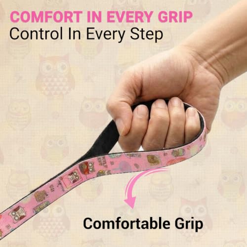 Image of Bowlers Dog Leash for Small, Medium & Large Dogs | Owl & Pink Design | Durable Nylon Pet Walking Lead | Strong Metal Hook | Comfortable Grip for Daily Walks & Training