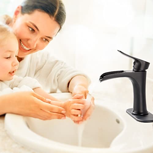 Waterfall Bathroom Faucet Black Yundoom Matte Black Bathroom Faucet With Pop Up Drain Single Handle One Hole Or Three Holes Vanity Faucet Farmhouse Rv Bathroom Vessel Basin Faucet Deck Mount #TOP1