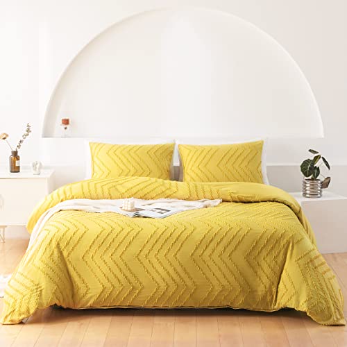 WARMDERN Boho Duvet Cover Set, Tufted Bedding Duvet Covers Soft Washed Microfiber Duvet Cover King Size, 3 Pieces Embroidery Shabby Chic Duvet Cover with Zipper Closure(Bright Yellow, King)