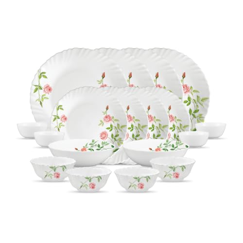Image of La Opala Opal Glass Crockery | for Family of 4 | Dinner Set 18 pcs Rose Garden | Plates & Bowls for Dining | Microwave Safe | 100% Vegetarian | Extra Strong | Extra Light & White