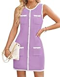 Picture of ZESICA Women's 2025 Summer Sleeveless Mini Dress Crewneck Button Knit Color Block Bodycon Party Short Dresses with Pockets,Purple,X-Large