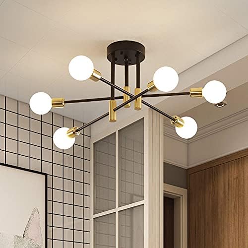 Sputnik Chandelier Modern Ceiling Light Fixture Mid Century Black and Gold Industrial Pendant Light Semi Flush Mount Lighting for Living Room Dining Room Bedroom Kitchen Bar Cafe