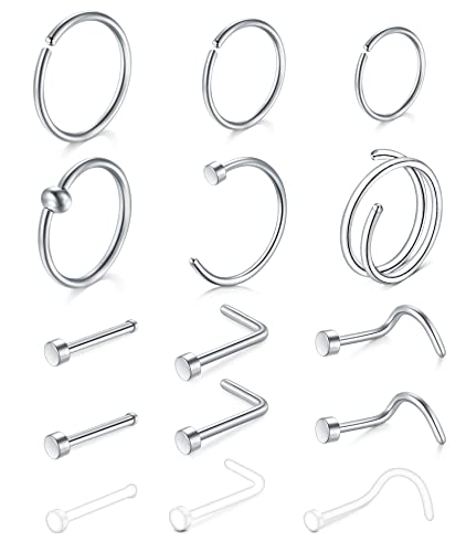 LAURITAMI Nose Stud Nose Piercing Nose Ring 20G Stainless Steel Nose Spiral L-Shaped Set 6/8/10 mm Hoop Silver Pack of 15