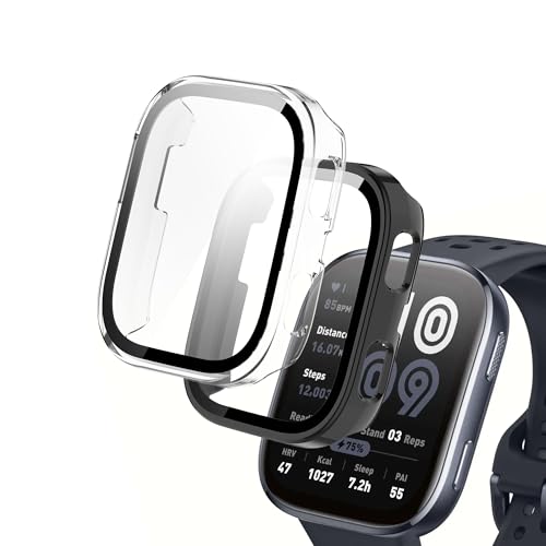 NEWZEROL 2 Stück Hart Schutzhüllen Kompatibel für Amazfit Bip 6, PC-Schutzrahmen + Displayschutzfolie aus Gehärtetem Glas für Amazfit Bip 6 46mm – Schwarz/Transparent