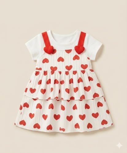 Image of A.T.U.N. (ALL THINGS UBER NICE) Baby Girls 100% Cotton Pinafore Dress with Inner Look Top | Cute Heart Print Design | Soft Touch Flared Fit | Comfortable Stylish Outfit for Babies