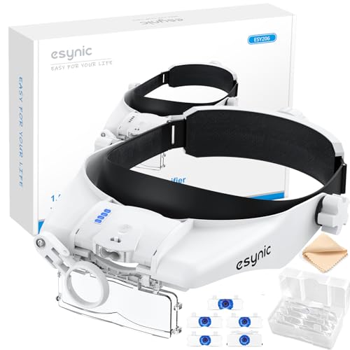 eSynic 1.5X-13X Head Magnifying Glass with LED Light Rechargeable Headband Magnifier Glasses Comfortable Wear Headmount |Touch Control |Battery Warning| 5 Lenses for Reading Crafts Hobbies Stitching