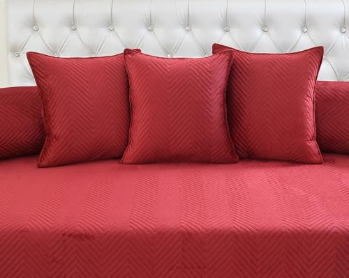 Image of Luxury Velvet Diwan Bedsheet with 5 Cushion Covers and 2 Bolster Covers - Designer Sofa DiwanCover Set for Living Room Set (1+2+5) (Maroon)