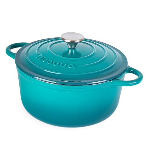 Image of Cast Iron Dutch Oven with Lid - Non-Stick Ovenproof Enamelled Casserole Pot - Sturdy Dutch Oven Cookware - Teal, 5- Quart, 24cm- by Nuovva